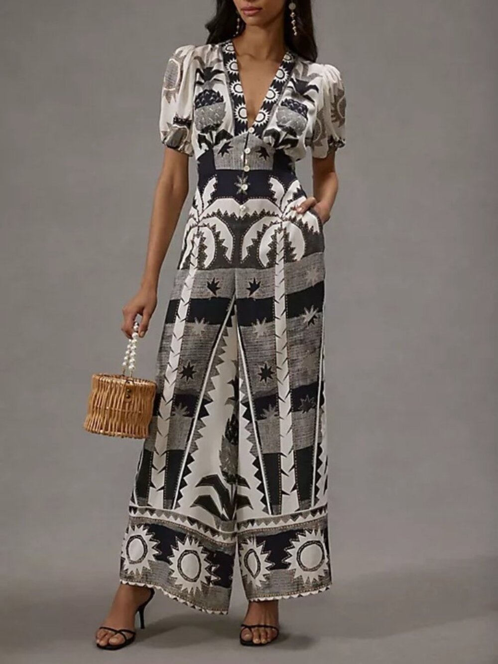 Farm Rio Puff-Sleeve Viscose Jumpsuit Celestial Palm Tree Pineapple Vacation S
